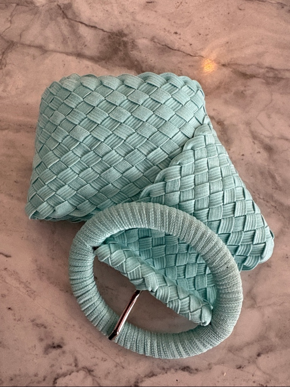 Vintage Ellen Tracy Woven Belt Bag in Light Aqua with Circular Buckle, Size M/L